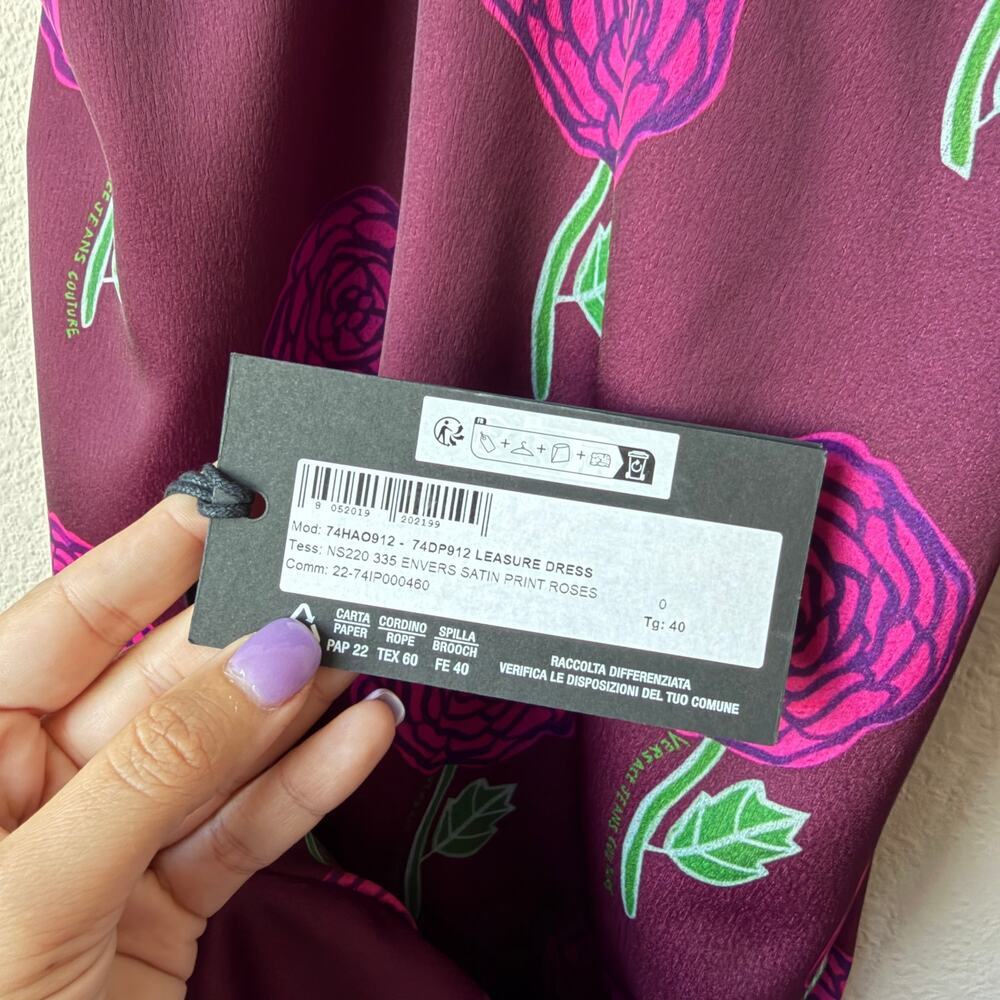 Versace Jeans Couture Rose Print Asymmetric Satin Dress NWT Size 4 - Picture 6 of 11